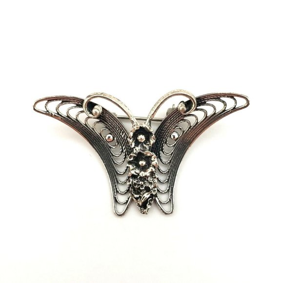 Beau Sterling Silver Flower Center Butterfly Brooch Pin Signed Vintage - Picture 8 of 12